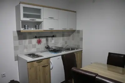 a small kitchen with a sink and a stove at Sunčani breg in Kopaonik