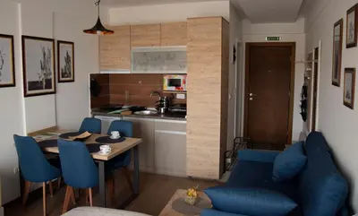 a living room with a blue couch and a kitchen at DA-MA Milmari in Kopaonik