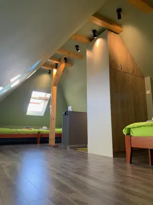 an attic room with a green couch and a table at G&D Apartment Kopaonik in Kopaonik