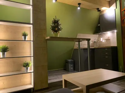a kitchen with green walls and a table in a room at G&D Apartment Kopaonik in Kopaonik