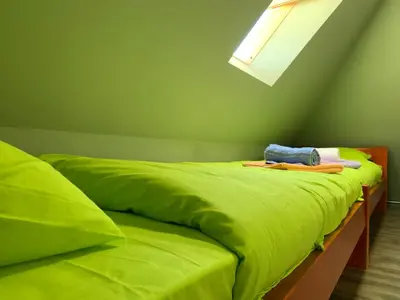 a green bedroom with two beds with green sheets at G&D Apartment Kopaonik in Kopaonik