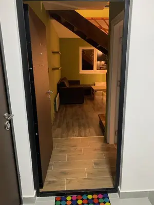 a hallway looking into a living room with a mirror at G&D Apartment Kopaonik in Kopaonik