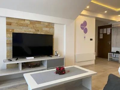 a living room with a large flat screen tv at FamilyKop Apartments Milmari in Kopaonik