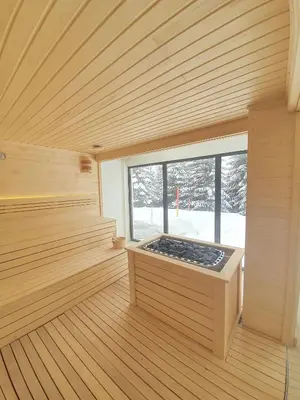 a wooden room with a sauna with a window at Apartman Žuta dunja - Sunčani breg in Kopaonik