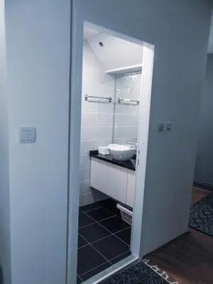 a bathroom with a sink and a mirror at Stan na dan - apartman Djordjevic in Vranje