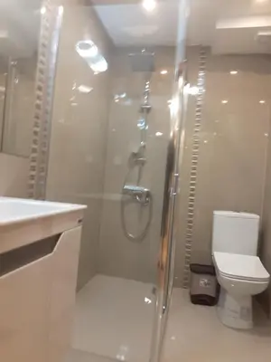 a bathroom with a shower and a toilet and a sink at Apartman Markos in Vrnjačka Banja