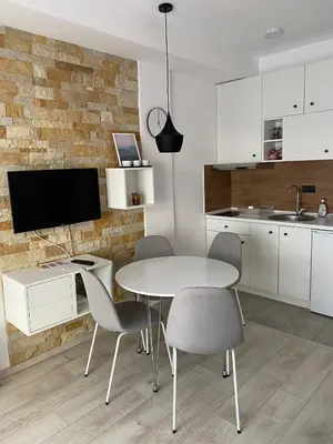 a kitchen with a table and chairs and a tv at Apartment Mali Princ S18 Milmari resort in Kopaonik