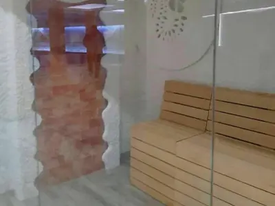 a glass display case in a room with a wall at Andre P05 Milmari in Kopaonik