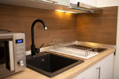 a kitchen sink with a dish drying rack next to a microwave at Dream Lux Apartman Kopaonik in Kopaonik