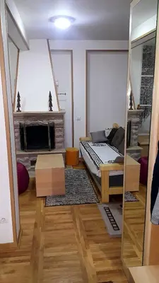 a living room with a bed and a fireplace at Apartman sa kaminom Vila Mina in Kopaonik