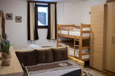 a living room with a couch and a bunk bed at Apartman sa kaminom Vila Mina in Kopaonik