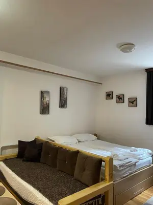 a bedroom with a large bed in a room at Apartman sa kaminom Vila Mina in Kopaonik