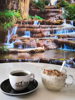 a cup of coffee sitting on a table in front of a waterfall at Silver Kop 2 Apartmani in Kopaonik