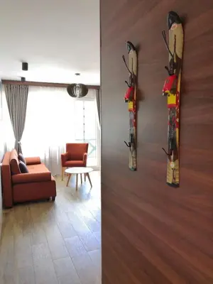a living room with a couch and skis on a wall at Silver Kop 2 Apartmani in Kopaonik