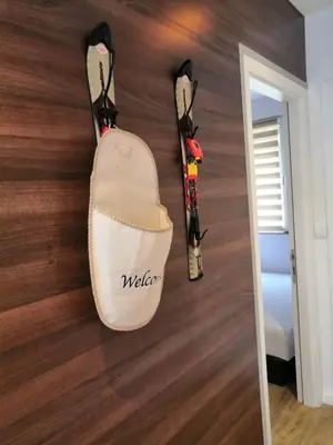a pair of skis are hanging on a wall at Silver Kop 2 Apartmani in Kopaonik