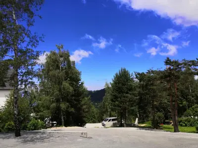 a van parked in a parking lot with trees at Silver Kop 2 Apartmani in Kopaonik