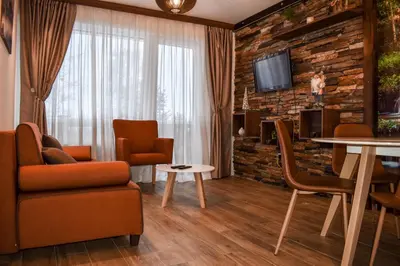 a living room with a couch and chairs and a tv at Silver Kop 2 Apartmani in Kopaonik