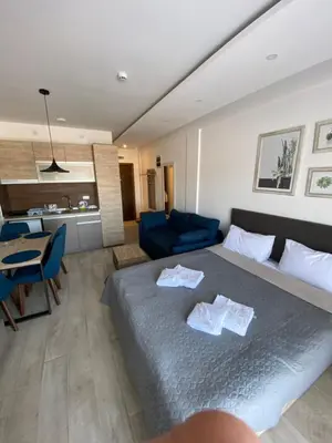 a bedroom with a large bed and a kitchen at Mount Apartments Milmari in Kopaonik
