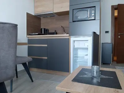 a small kitchen with a refrigerator and a microwave at TeonaLux Milmari Resort P84 in Kopaonik