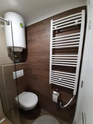 a bathroom with a toilet and a wooden wall at TeonaLux Milmari Resort P84 in Kopaonik