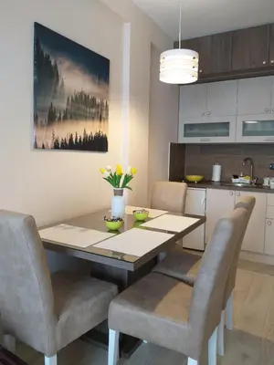 a kitchen with a dining room table and chairs at Milmari resort Sara P61 in Kopaonik