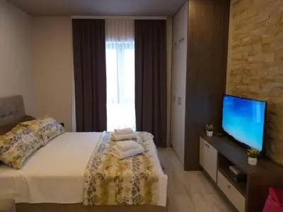 a bedroom with a bed and a flat screen tv at Milmari resort Sara P61 in Kopaonik