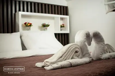 a room with a bed with a towel animal on it at Apartmani Džanković in Kopaonik