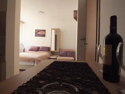 a bottle of wine sitting on a table in a room at SUNCANI BREG - STUDIO 11 in Kopaonik