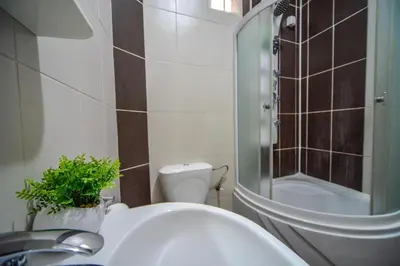 a bathroom with a sink and a shower and a toilet at Apartman Lux in Pirot