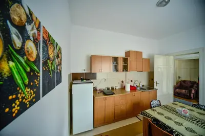 a kitchen with a refrigerator and a table in it at Apartman Lux in Pirot