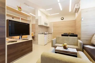 a living room with a large flat screen tv at Apartman UZOR in Soko Banja