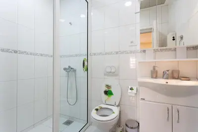 a white bathroom with a shower and a toilet at Apartman UZOR in Soko Banja