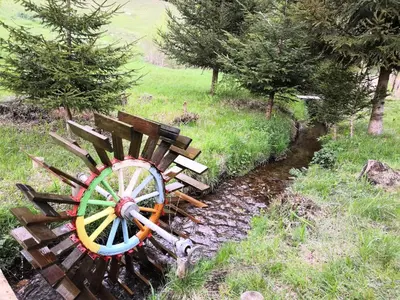 a wooden wheel sitting in the grass next to a stream at Sky Cabin Apartments - FREE GARAGE in Kopaonik