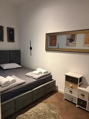 a bedroom with a bed and a mirror on the wall at IN Apartman, Župa Kopaonik in Kopaonik