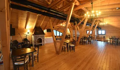 a large room with tables and chairs and a fireplace at IN Apartman, Župa Kopaonik in Kopaonik