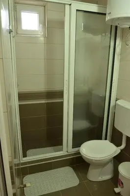a bathroom with a toilet and a glass shower at Smeštaj Milenković in Soko Banja