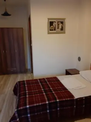 a bedroom with a bed with a plaid blanket on it at Šumatovac in Aleksinac
