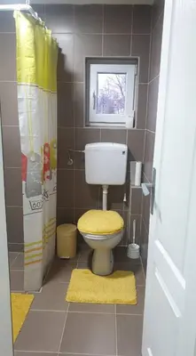 a small bathroom with a toilet and a window at Vlajkovic apartmani 2 in Vrnjačka Banja