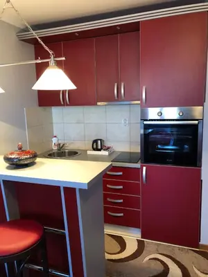 a kitchen with red cabinets and a sink and a stove at Studio Mišel 2 in Vrnjačka Banja