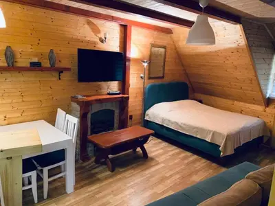 a bedroom with a bed and a desk and a tv at Konaci apartman Hani in Kopaonik