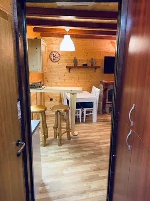 a kitchen with a table and chairs in a room at Konaci apartman Hani in Kopaonik