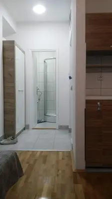 a room with a bathroom with a shower and a bedroom at Apartman - Studio Prnic in Soko Banja