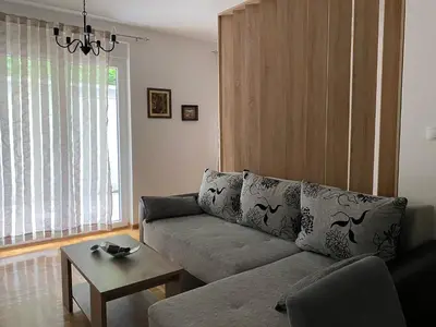 a living room with a couch and a table at Apartmani CENTAR Vrnjacka Banja & Free Parking in Vrnjačka Banja