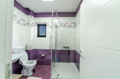 a bathroom with a toilet and a shower with purple tiles at Dream House in Kruševac