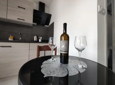a bottle of wine sitting on a table with two wine glasses at Nikolic Apartment 2 in Leskovac
