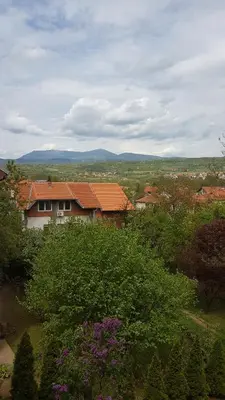 a view of a house with trees and flowers at Apartmani Smiljanic Sokobanja in Soko Banja