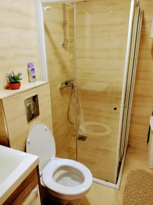 a bathroom with a toilet and a glass shower at Apartman Dana in Soko Banja