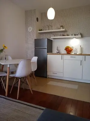 a kitchen with a table and a black refrigerator at Raj Pegaz in Vrnjačka Banja