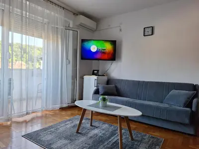 a living room with a couch and a tv on a wall at Studio Apartman NENA in Vrnjačka Banja