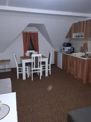a kitchen and dining room with a table and chairs at Apartmani Pavlović in Kopaonik